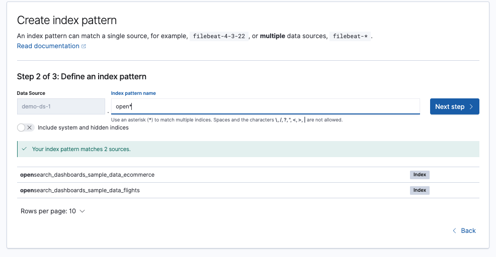 Index pattern define user interface