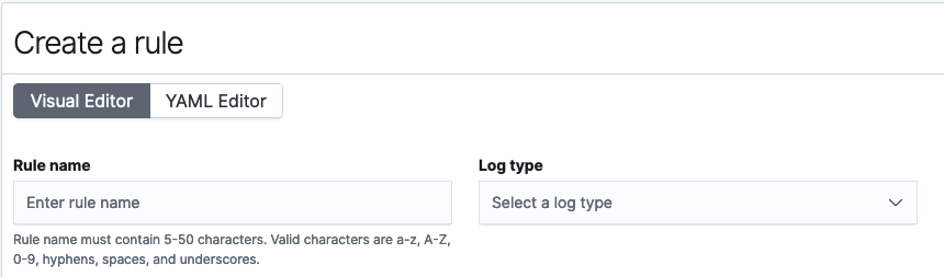 The Create a rule window, which includes the Visual Editor and YAML editor.