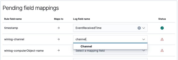 Field mapping example for pending mappings