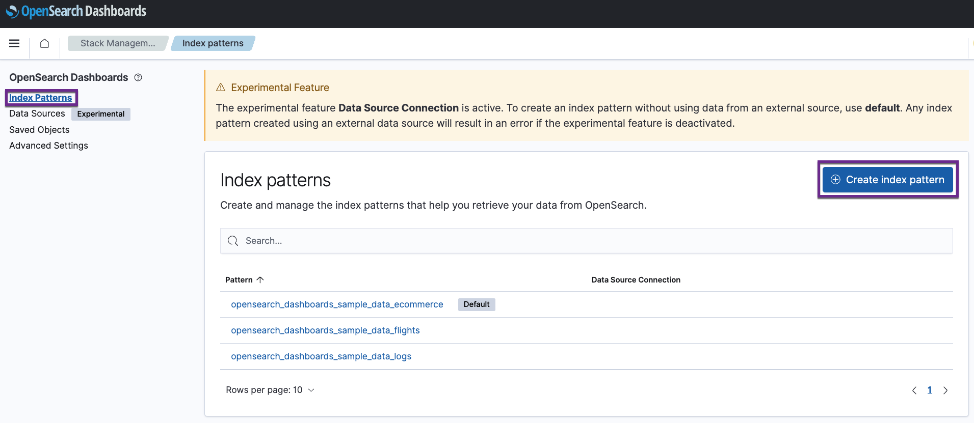 Index pattern user interface
