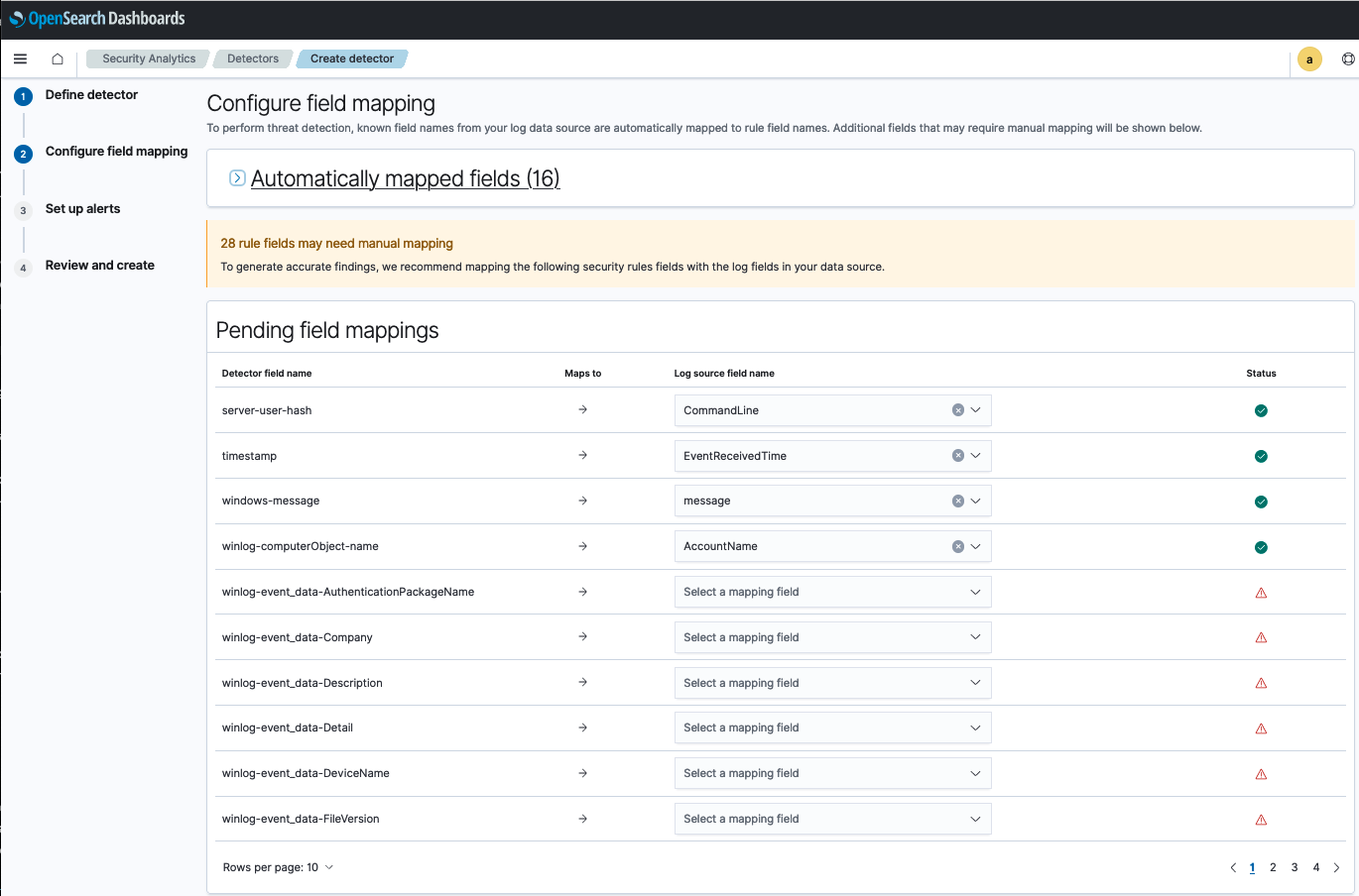 Field mapping example for pending mappings