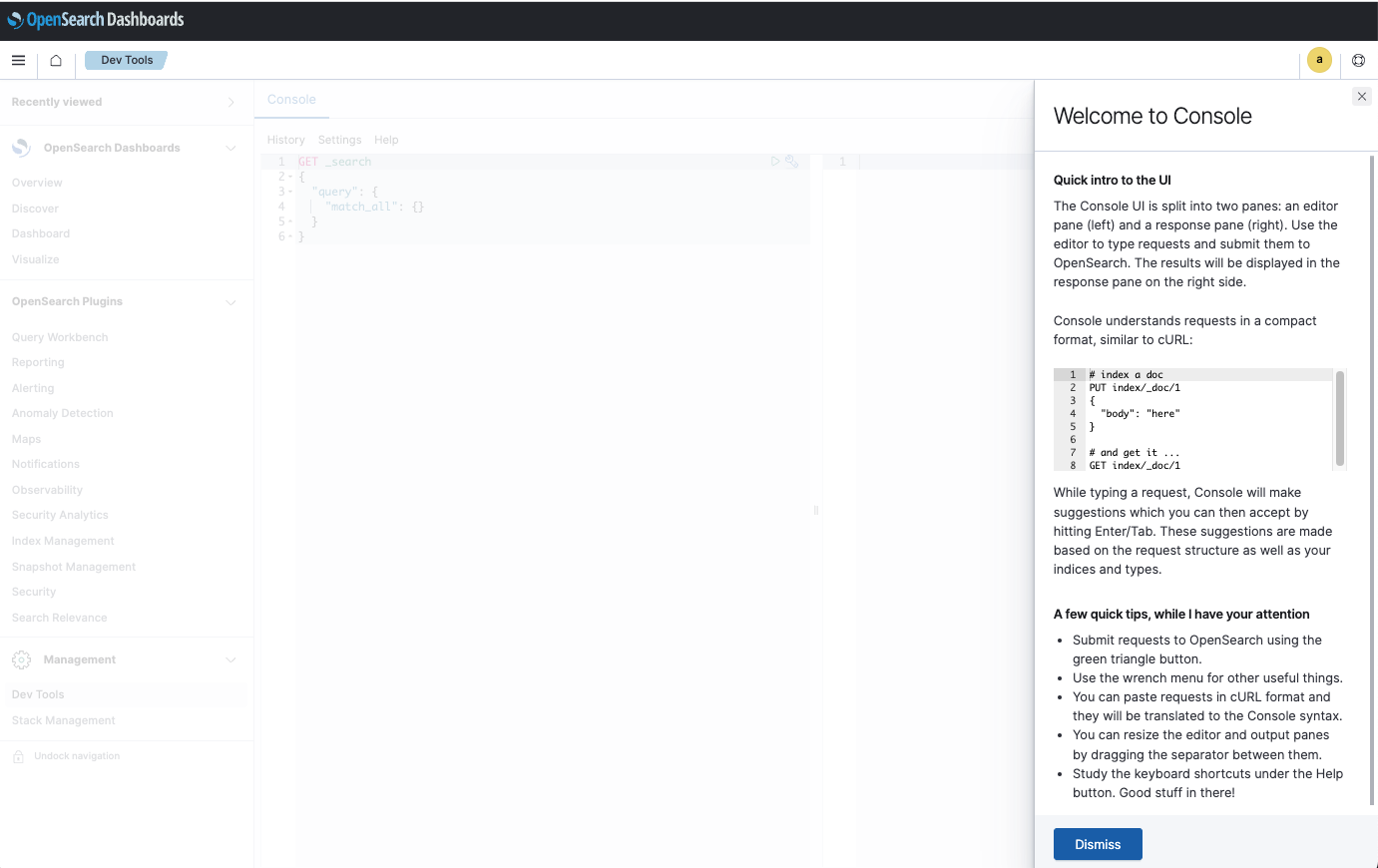 Dev Tools interface from home page