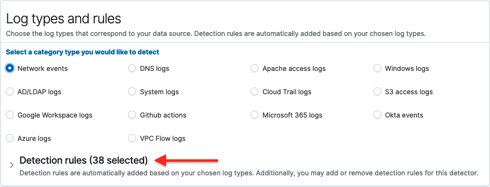 Selecting threat detector type to auto-populate rules