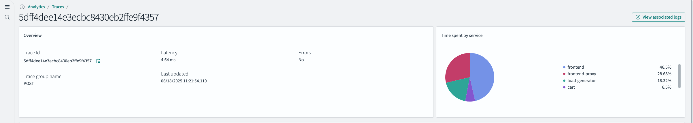 Trace detail page with associated logs panel