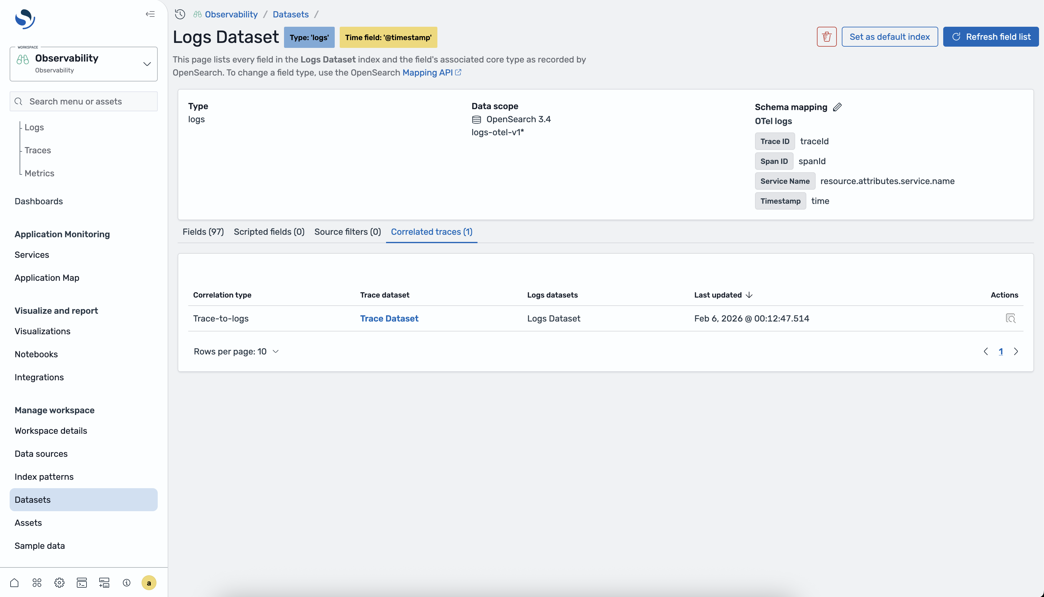 Logs dataset Correlated traces tab