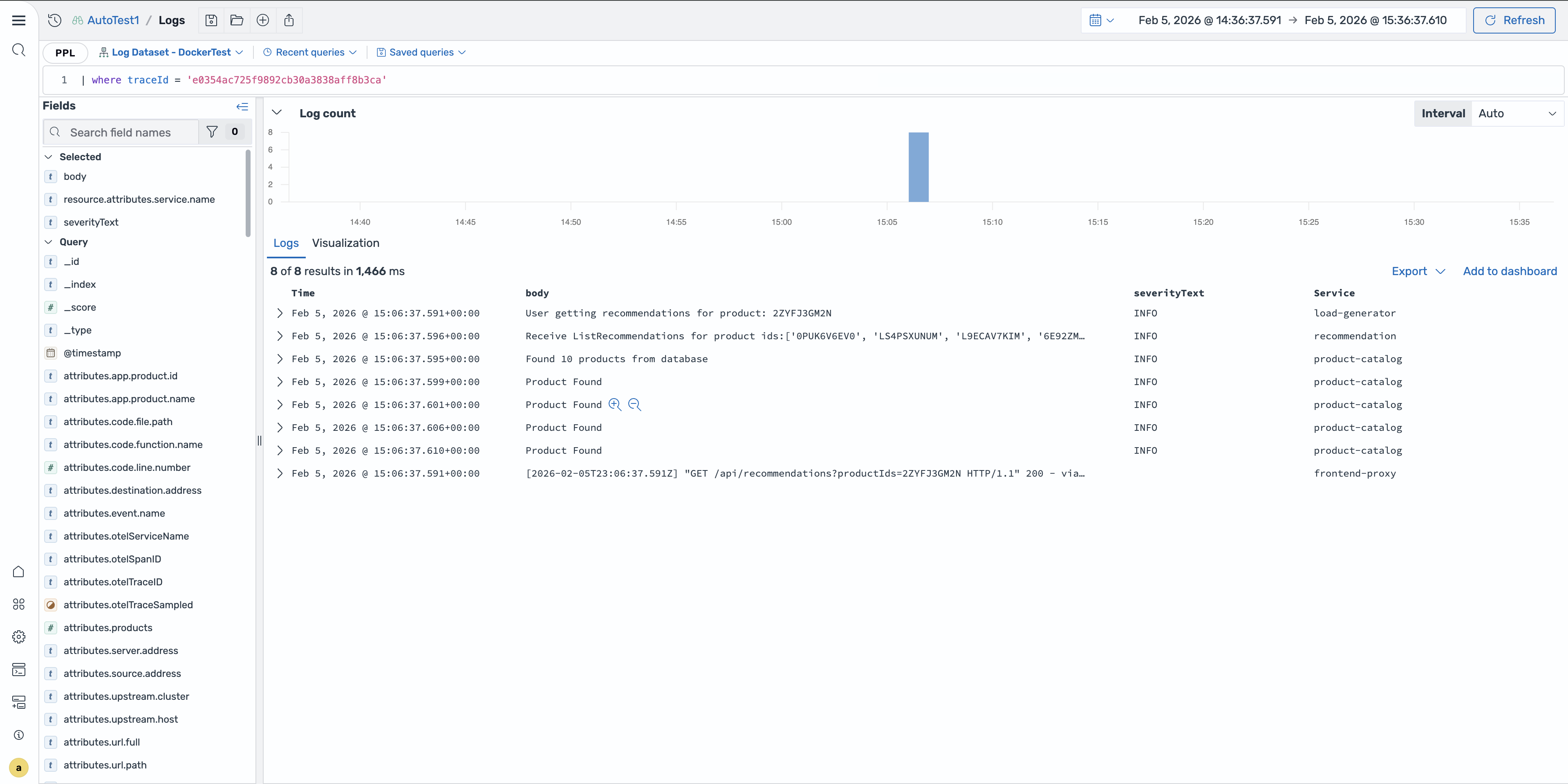Discover Logs page with trace context