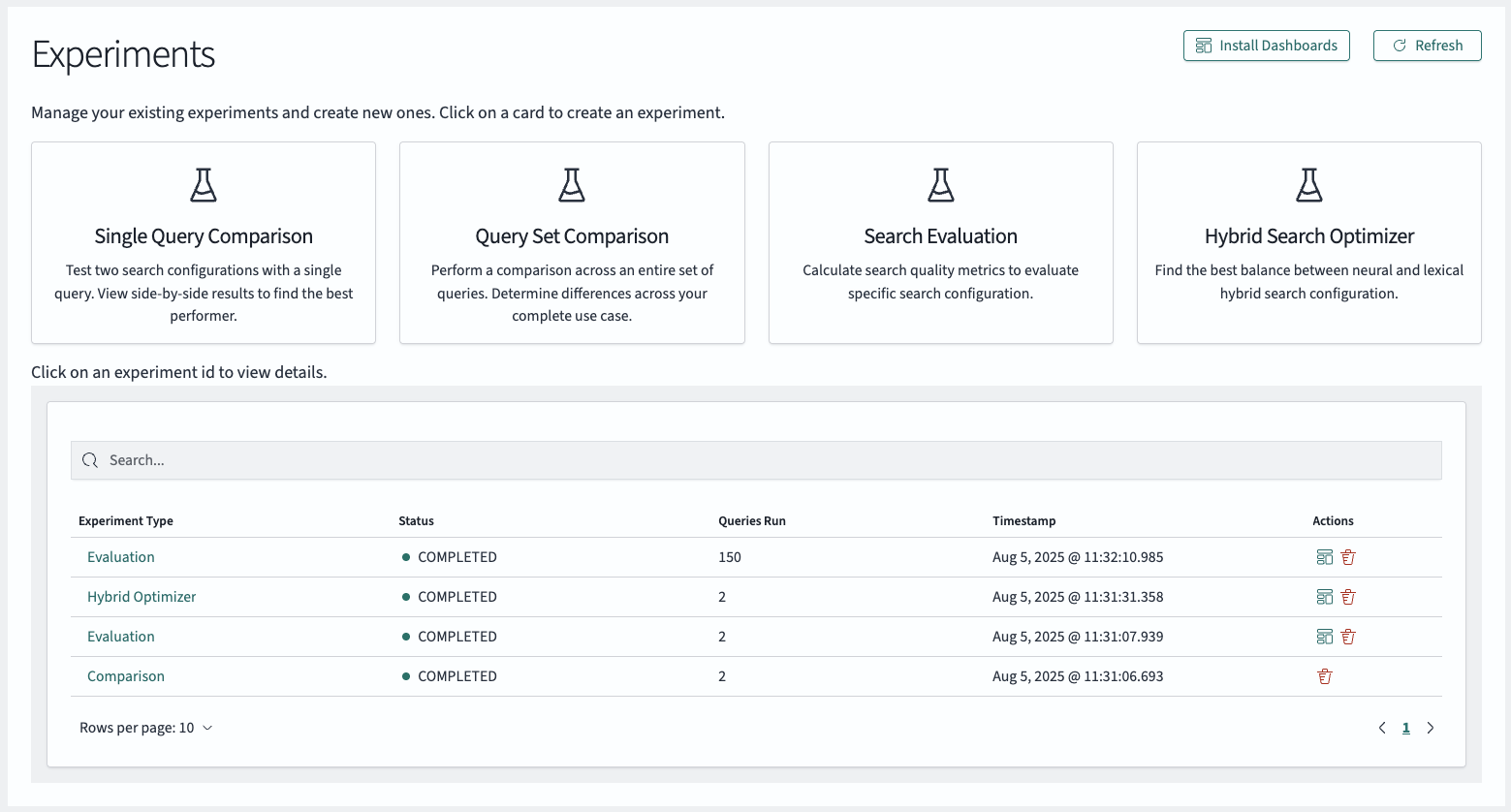 Experiment overview of the Search Relevance Workbench including dashboard installation options