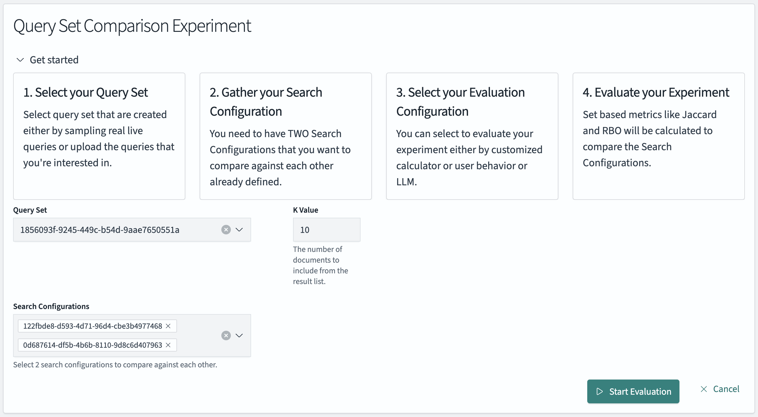 Define Query Set Comparison Experiment