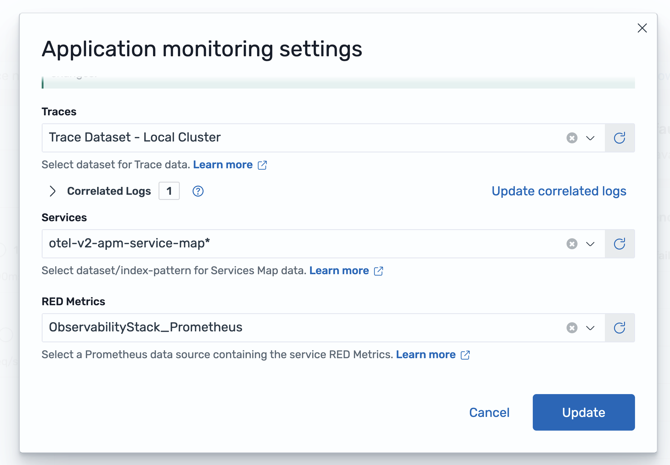 APM settings modal