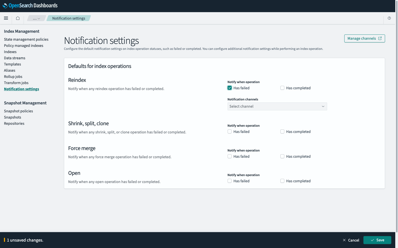 Notification settings page