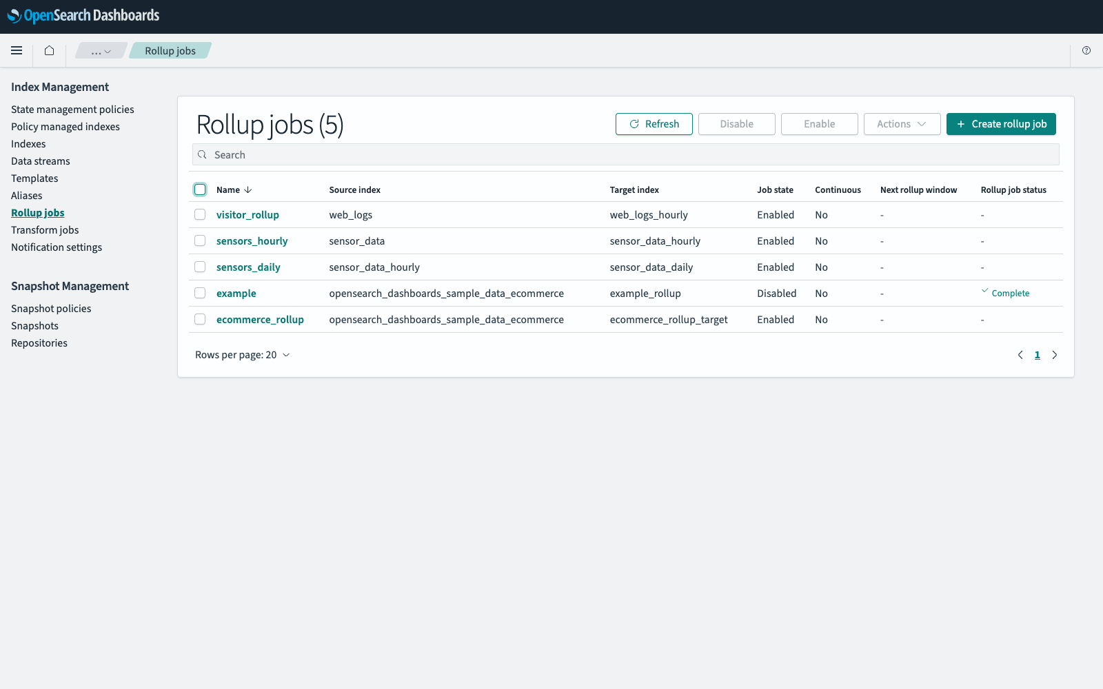 Rollup jobs page