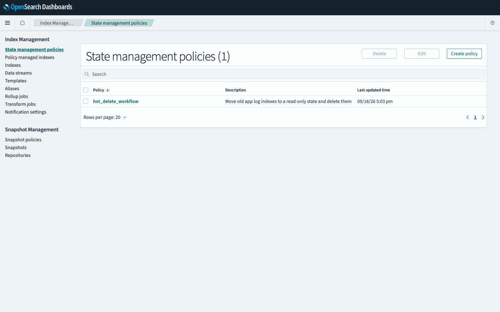 State management policies page