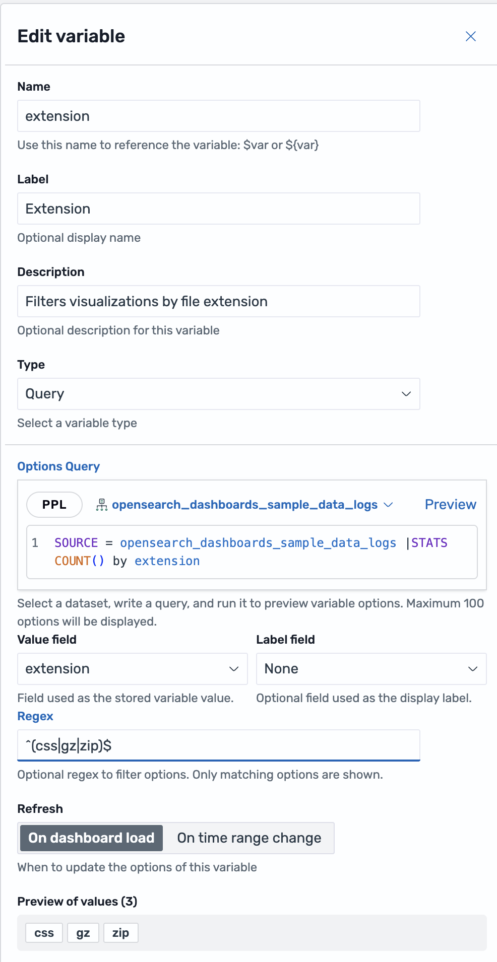 Variable editor panel configured for an extension query variable using sample web logs data