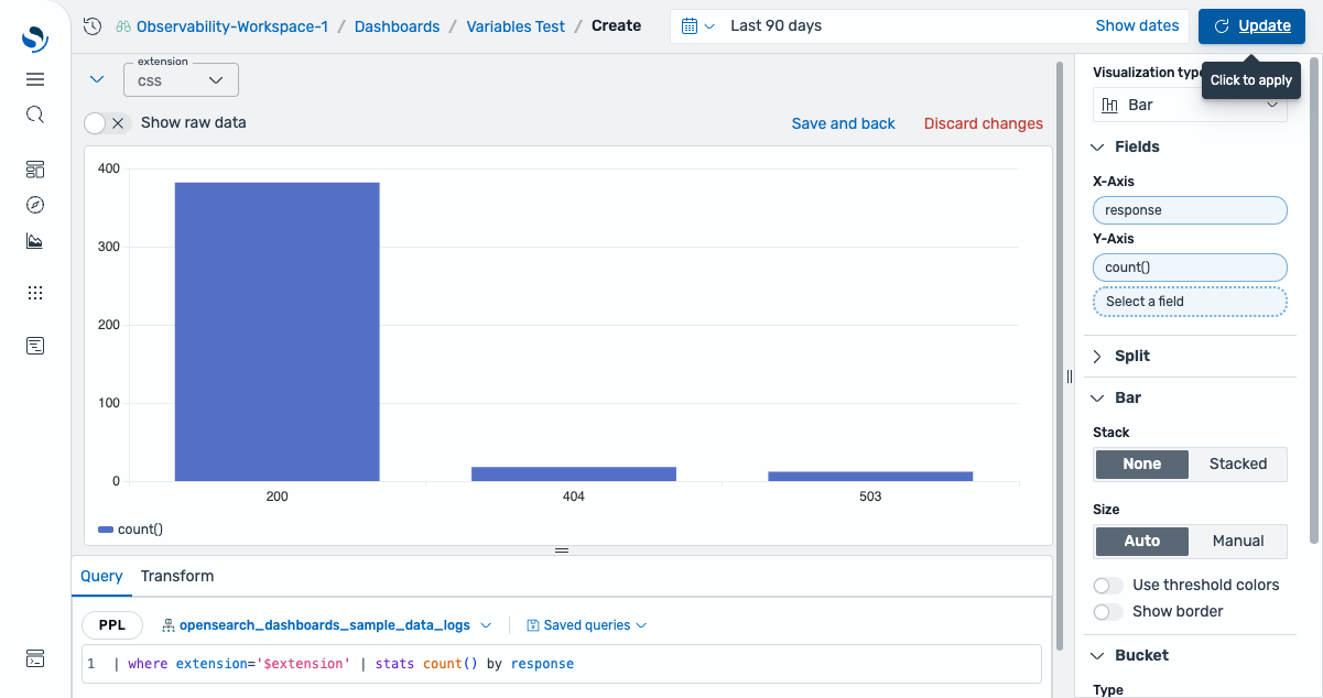 Visualization editor showing a bar chart of response codes filtered by the selected extension value
