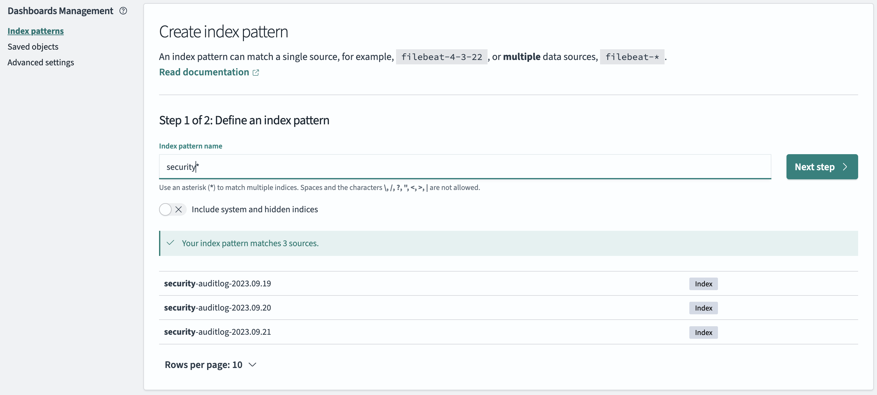 Index pattern step 1 UI