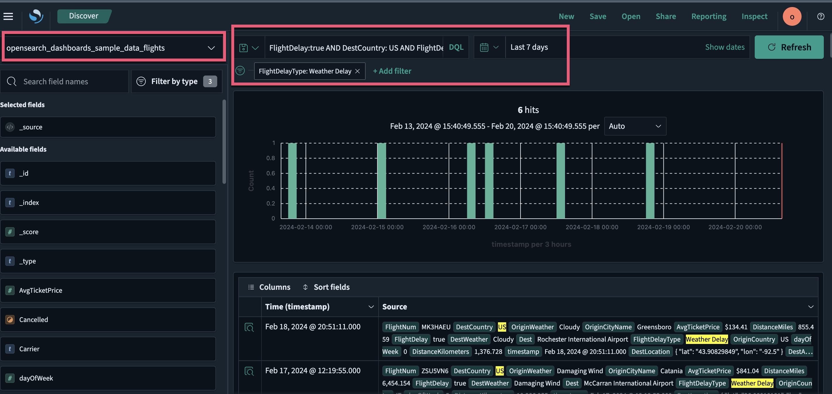 Discover output showing filtered flight data