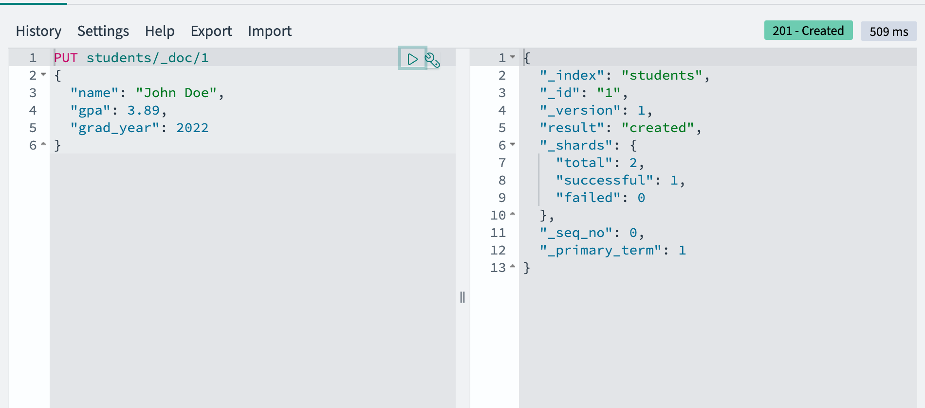 The Dev Tools console showing a query and response