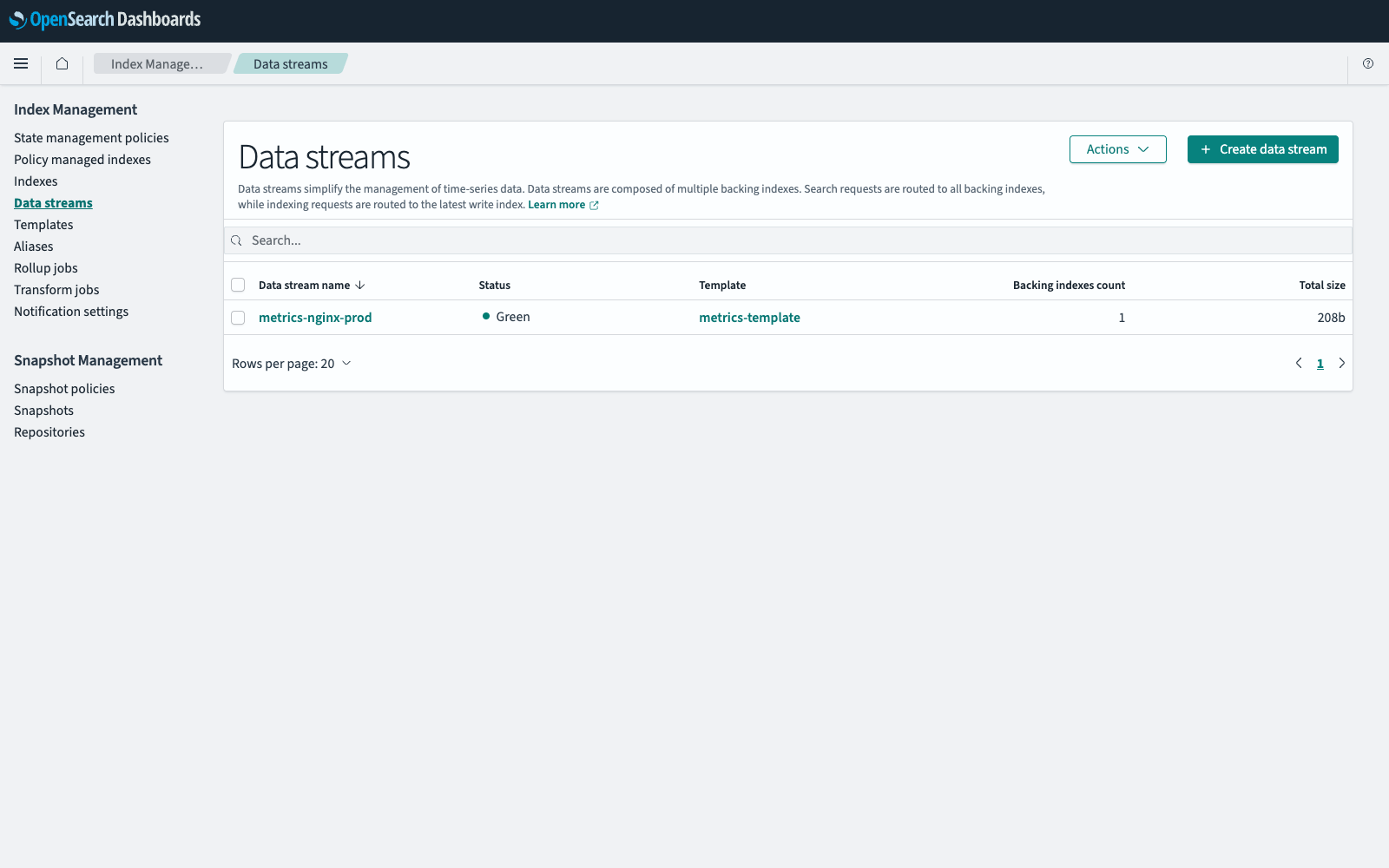 Data streams page