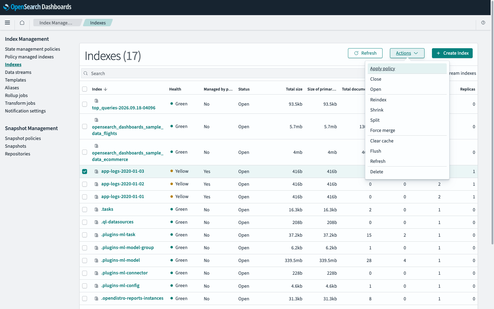 Actions menu on the Indexes page