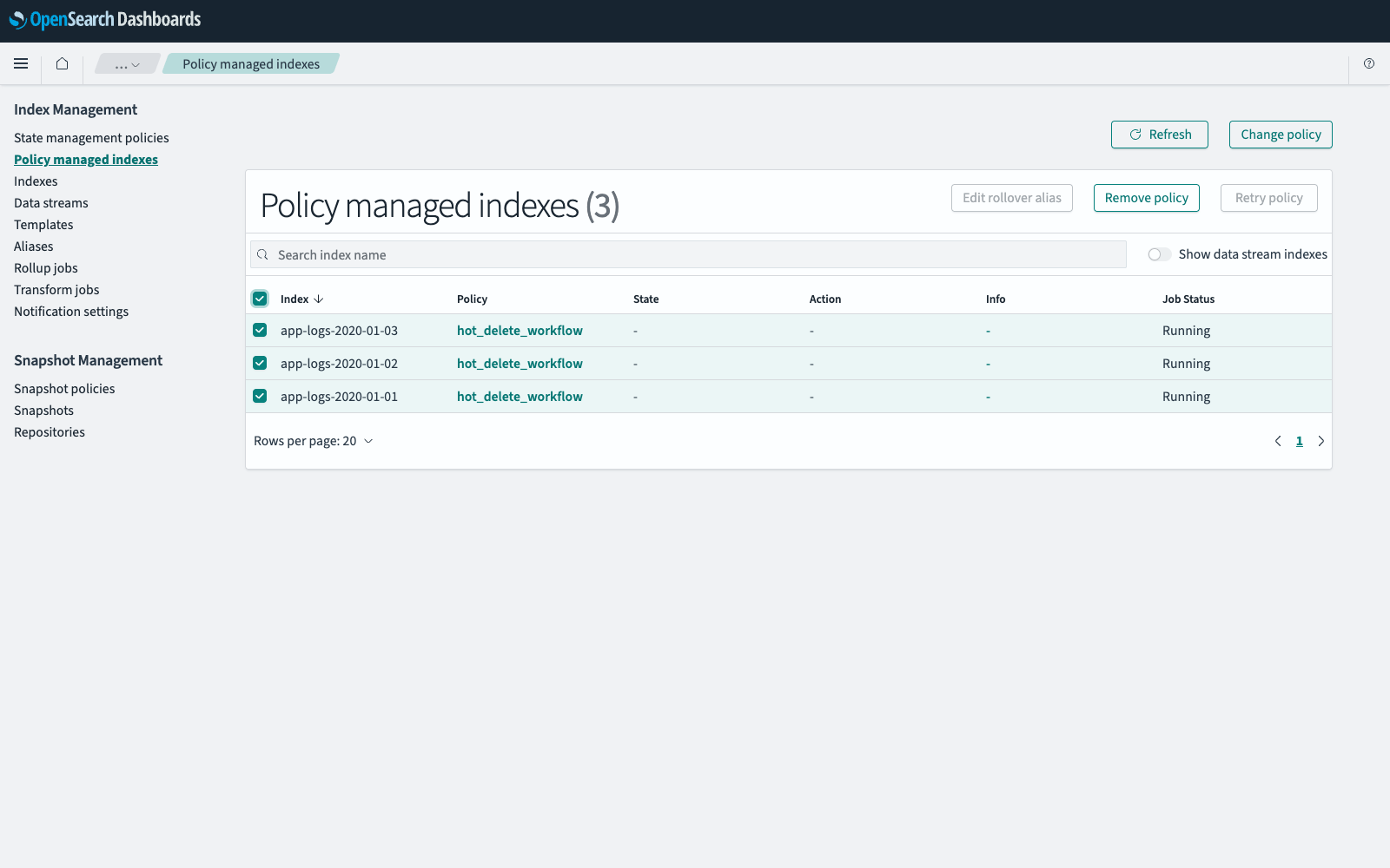 Policy managed indexes page