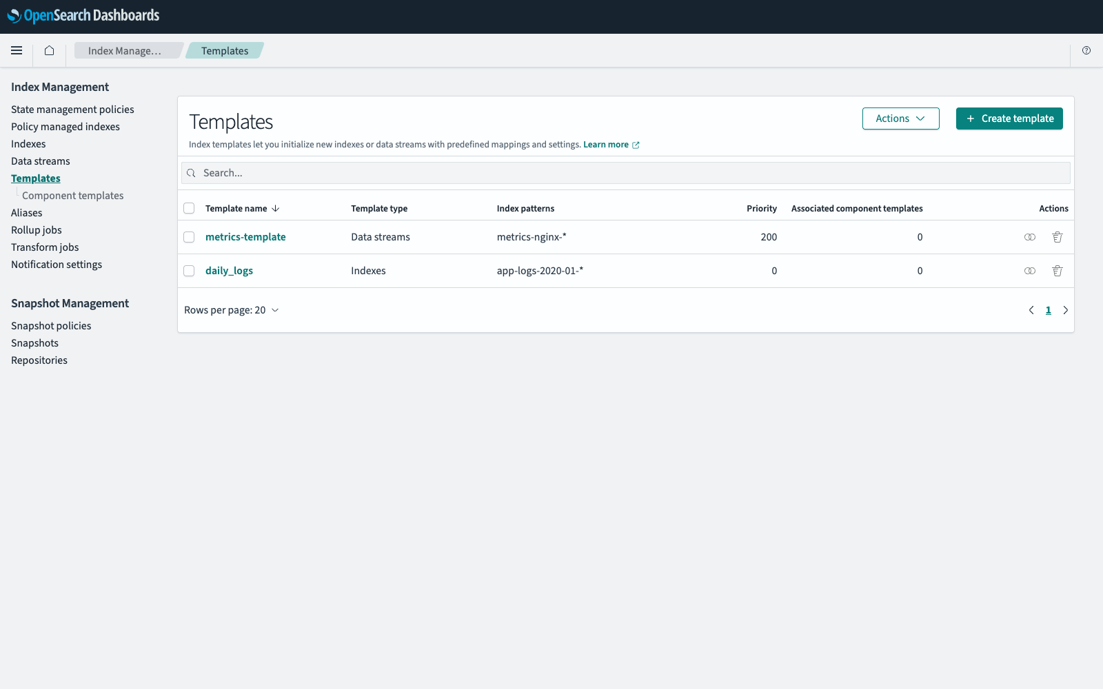 Templates page