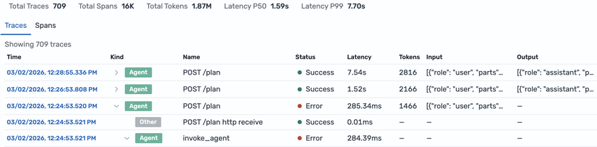 Traces tab showing root-level agent traces