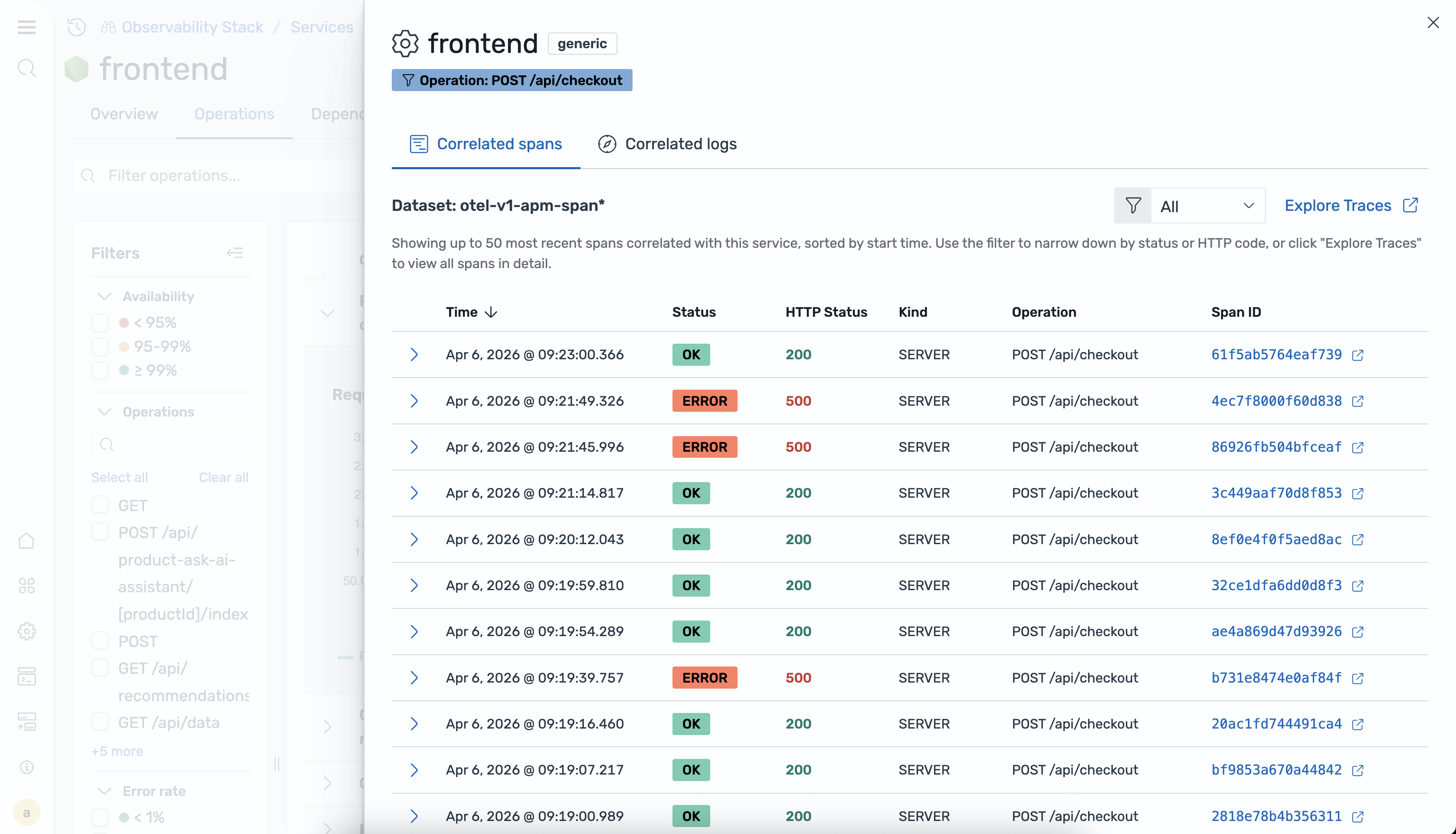 Service span correlations