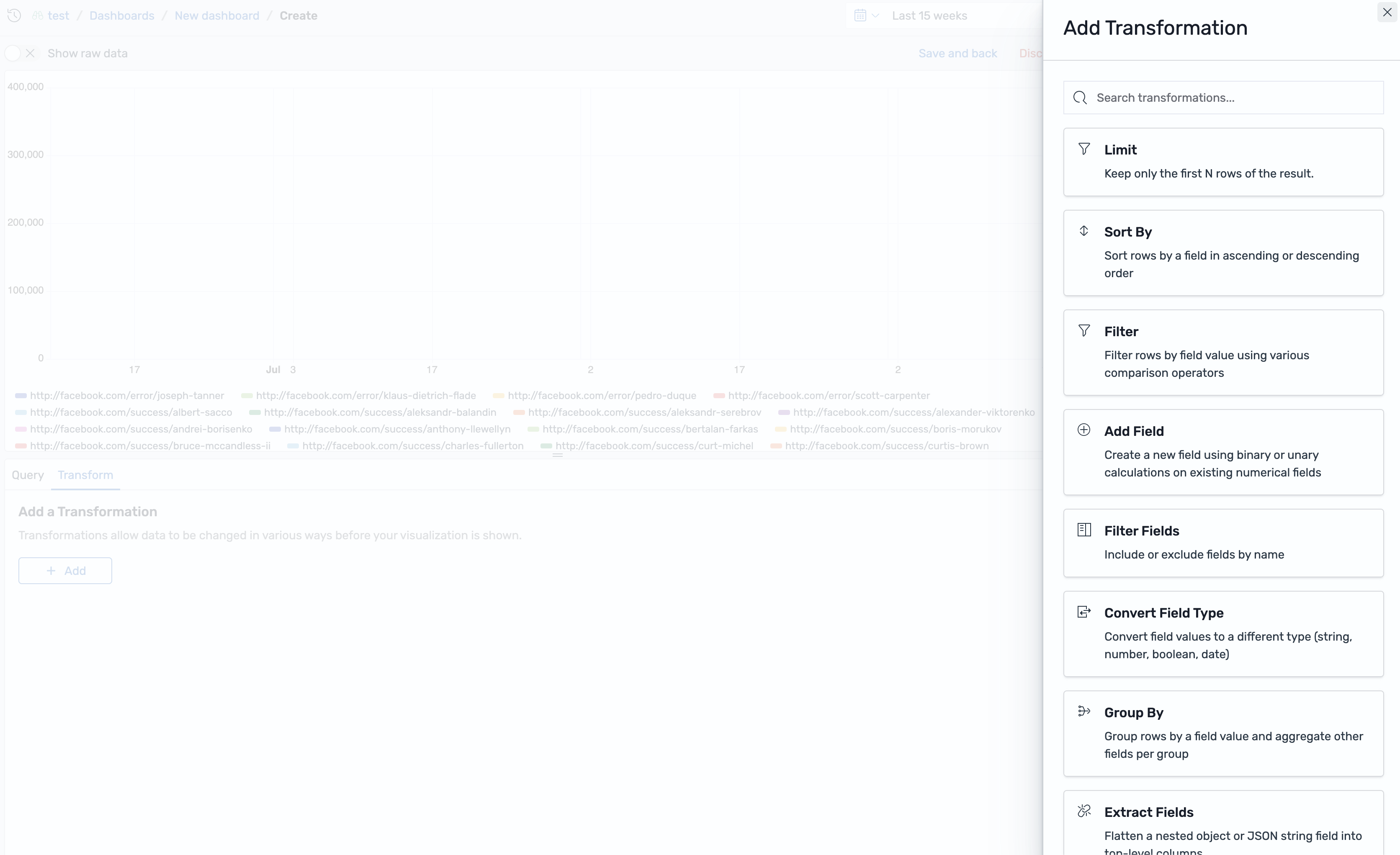 Add transformation flyout listing the available transformations next to the Transform tab