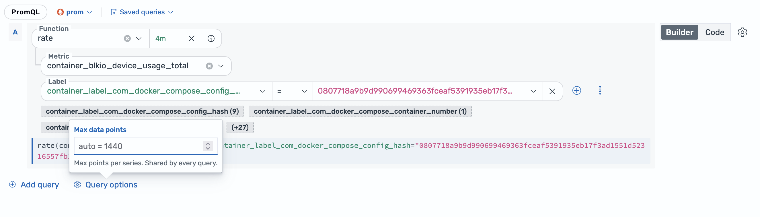 Max data points set to the automatic value of 1440 in the shared Query options panel