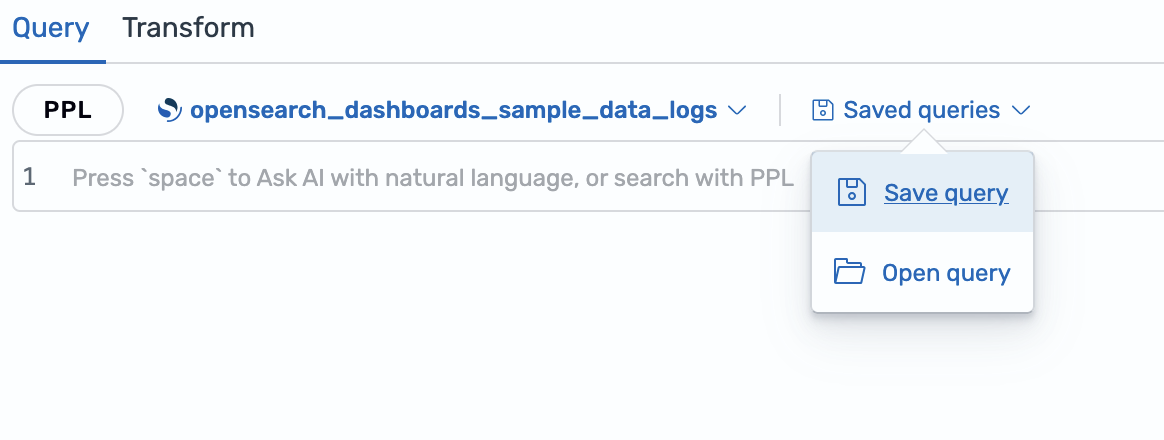 Saved queries menu expanded to show the Save query and Open query options