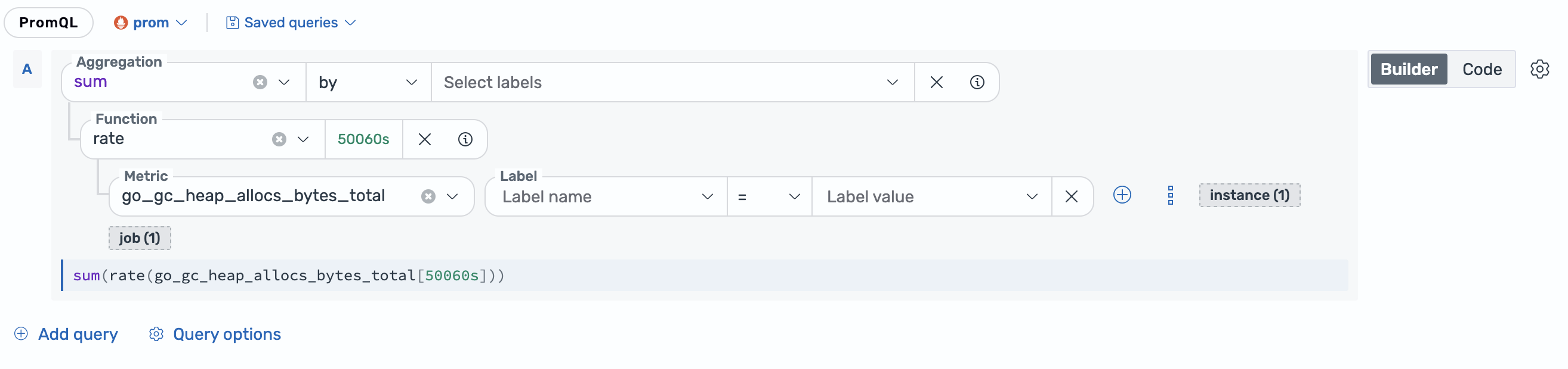 PromQL query built in Builder mode from a sum aggregation, a rate function, and a metric name, with the generated query shown below the controls