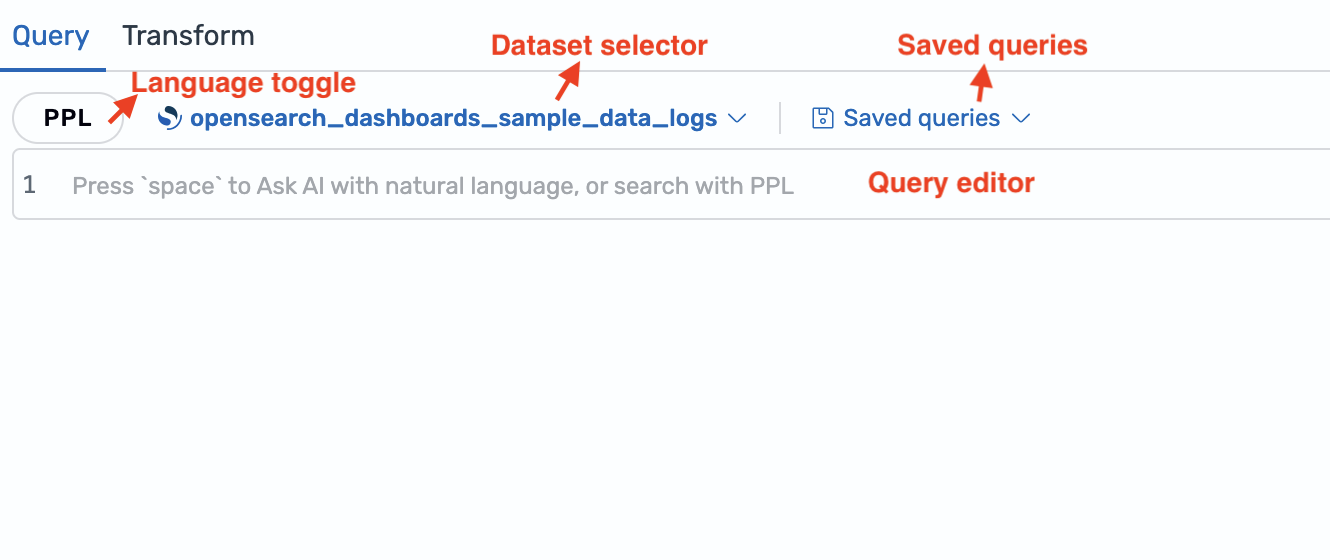 Query panel showing the language toggle, dataset selector, saved queries menu, and query editor